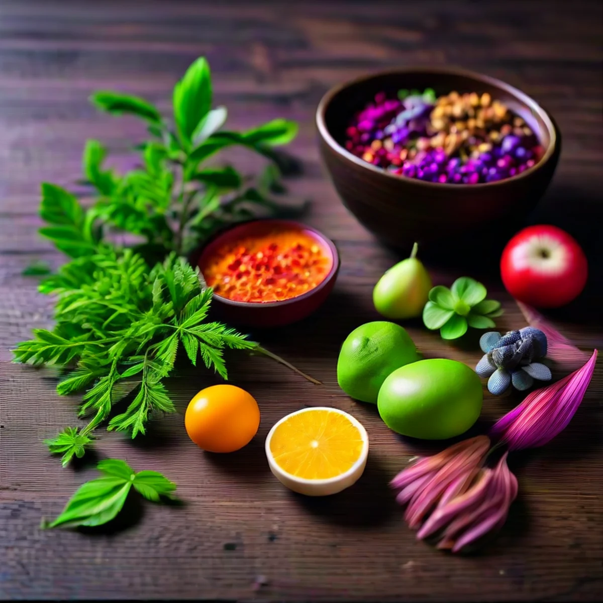 Composição artística de extratos herbais e ingredientes botânicos naturais.