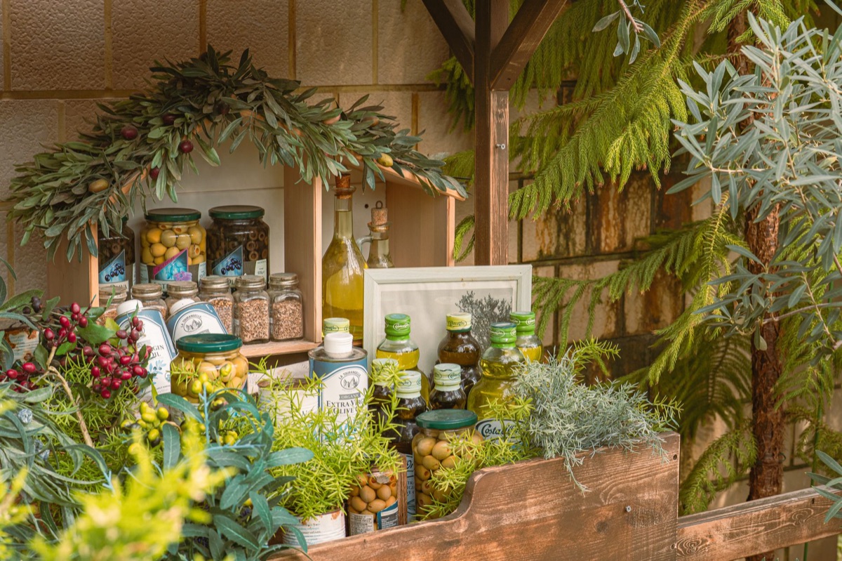 pantry with eggs chicken and olive oil jars