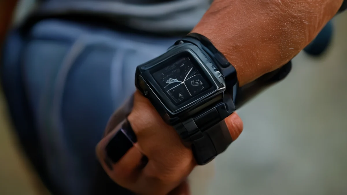 A fitness smartwatch worn on the wrist, displaying health metrics and activity tracking.