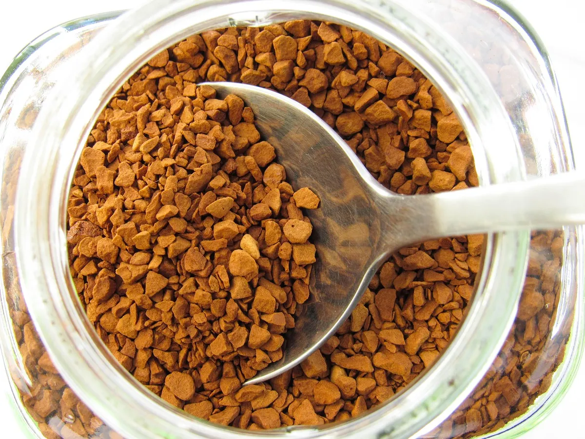 coffee, morning, breakfast, soluble, instantaneous, drink, granules, spoon, caffeine, jar